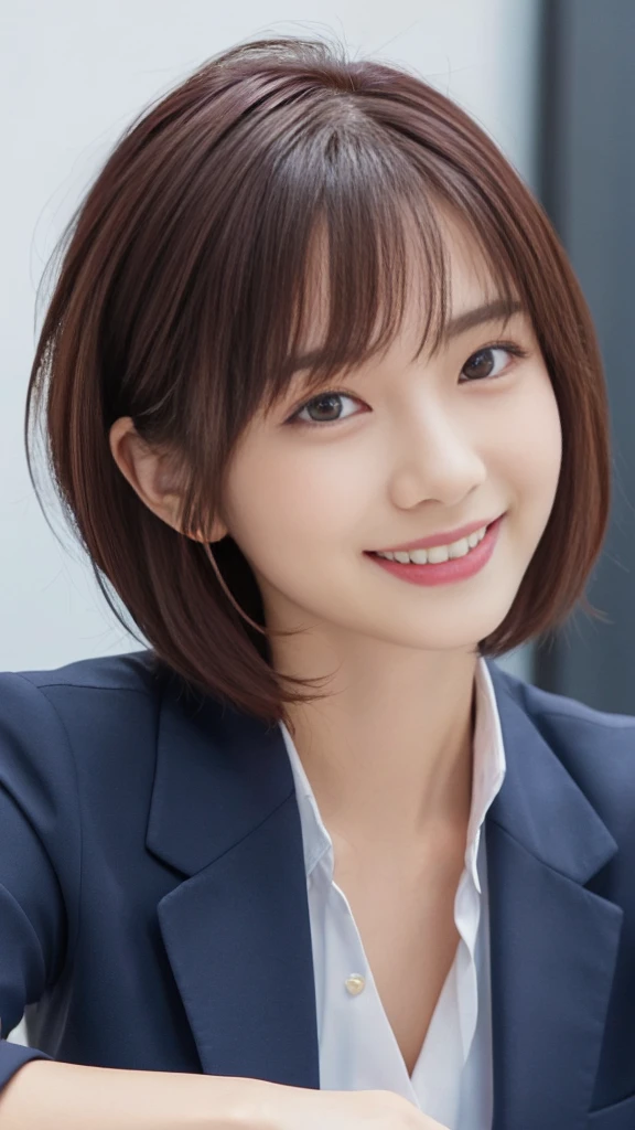 Accurate human body:2.0,(best quality,4K,8K,High resolution,masterpiece:1.5),(Very detailed,Realistic,photoRealistic,photo-Realistic:1.37),(Portraiture,A ultra young Japanese girl:2.0),(Perfect Slender Body:2.0),(Images of her alone:2.0),(Cute breasts:1.7),(((Close-up of her eyes:2.0))),(Her face ultra looks like a baby:2.0),(Impressive features, super cute and a big idol-like smile:2.0),(Ultra beautiful even left and right eyes with a clear expression:2.0),(Beautifully shaped eyebrows, Captivating gaze, natural pink lips,Perfect white skin,Realistic rendering,(She is wearing a navy blue business suit:2.0),(Super short dark red hair:2.0),The golden sunlight gently illuminates the landscape,Elegant and graceful posture,Create a quiet and serene atmosphere,She is at the company reception desk.