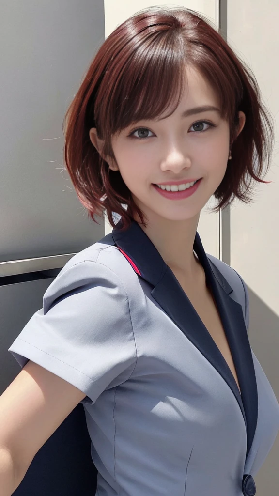 Accurate human body:2.0,(best quality,4K,8K,High resolution,masterpiece:1.5),(Very detailed,Realistic,photoRealistic,photo-Realistic:1.37),(Portraiture,A ultra young Japanese girl:2.0),(Perfect Slender Body:2.0),(Images of her alone:2.0),(Cute breasts:1.7),(((Close-up of her eyes:2.0))),(Her face ultra looks like a baby:2.0),(Impressive features, super cute and a big idol-like smile:2.0),(Ultra beautiful even left and right eyes with a clear expression:2.0),(Beautifully shaped eyebrows, Captivating gaze, natural pink lips,Perfect white skin,Realistic rendering,(She is wearing a navy blue business suit:2.0),(Super short dark red hair:2.0),The golden sunlight gently illuminates the landscape,Elegant and graceful posture,Create a quiet and serene atmosphere,She is at the company reception desk.