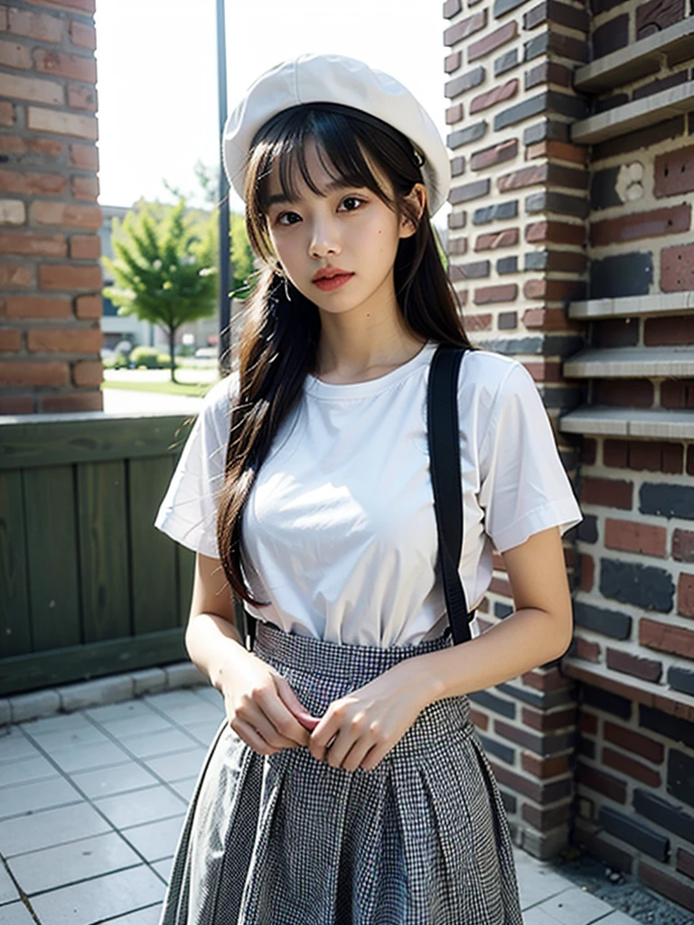chunmomo,1girl,3d,asian,backpack,bag,bangs,bathroom,black eyes,black hair,blunt bangs,blurry,blurry background,blurry foreground,brick,brick floor,brick wall,brown eyes,brown hair,chain-link fence,closed mouth,clothes lift,cosplay photo,day,depth of field,fence,graffiti,hat,honeycomb \(pattern\),honeycomb background,lifted by self,lips,long hair,looking at viewer,nose,outdoors,pavement,photo \(medium\),photorealistic,realistic,school hat,shirt,short sleeves,silk,skirt,skirt hold,skirt lift,solo,spider web,stone floor,stone wall,tile floor,tile wall,tiles,twintails,upper body,wall,white shirt