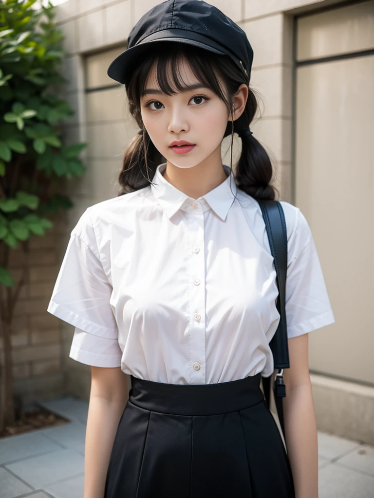 chunmomo,1girl,3d,asian,backpack,bag,bangs,bathroom,black eyes,black hair,blunt bangs,blurry,blurry background,blurry foreground,brick,brick floor,brick wall,brown eyes,brown hair,chain-link fence,closed mouth,clothes lift,cosplay photo,day,depth of field,fence,graffiti,hat,honeycomb \(pattern\),honeycomb background,lifted by self,lips,long hair,looking at viewer,nose,outdoors,pavement,photo \(medium\),photorealistic,realistic,school hat,shirt,short sleeves,silk,skirt,skirt hold,skirt lift,solo,spider web,stone floor,stone wall,tile floor,tile wall,tiles,twintails,upper body,wall,white shirt