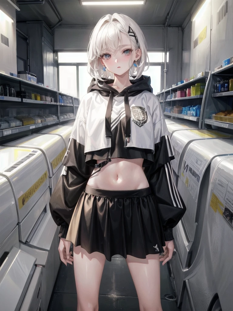 crop top, hoodie, mini skirt, absurdres, RAW photo, extremely delicate and beautiful, masterpiece, Best Quality, ultra high resolution, 32k, hyperrealistic, ultra-detailed, detailed description, pale skin, 20 years old, tearful mole, earring, short medium hair, wavy hair, full body shot,