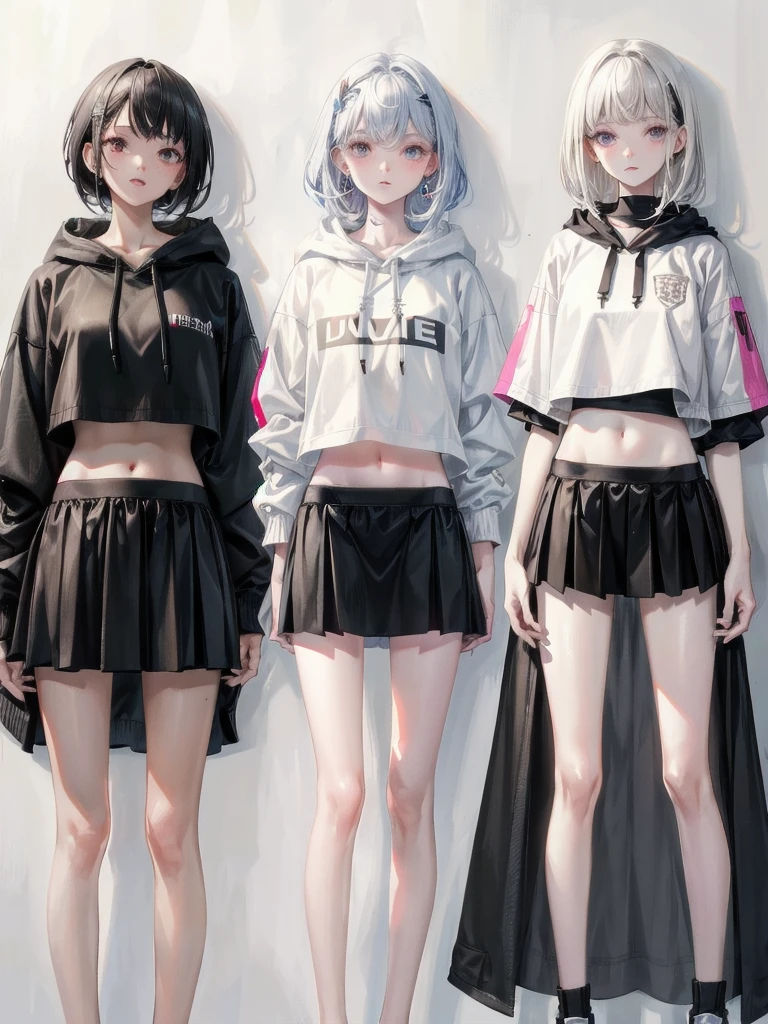 crop top, hoodie, mini skirt, absurdres, RAW photo, extremely delicate and beautiful, masterpiece, Best Quality, ultra high resolution, 32k, hyperrealistic, ultra-detailed, detailed description, pale skin, 20 years old, tearful mole, earring, short medium hair, wavy hair, full body shot,