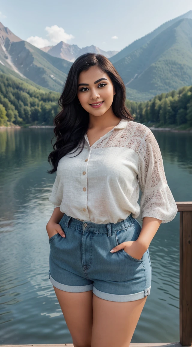 monami Indian beautiful actress curvy plus size hour glass bulky figure woman, closeup camera view, wearing SHEIN LUNE Plus Paperbag Waist Button Front Shorts SKU: sz2303079766916276 GBP£6.21 GBP£11.99 -48% Including VAT Color: Black, different style hairstyle, bright eyes, thin eyebrows, fair skin, blushing cheeks, prefect head to toe view, full body view, Mountain Lake: A tranquil lake nestled in the mountains with clear water and scenic views. smile face, black hair, Indian face, perfect skin tone light, ultra realistic skin texture