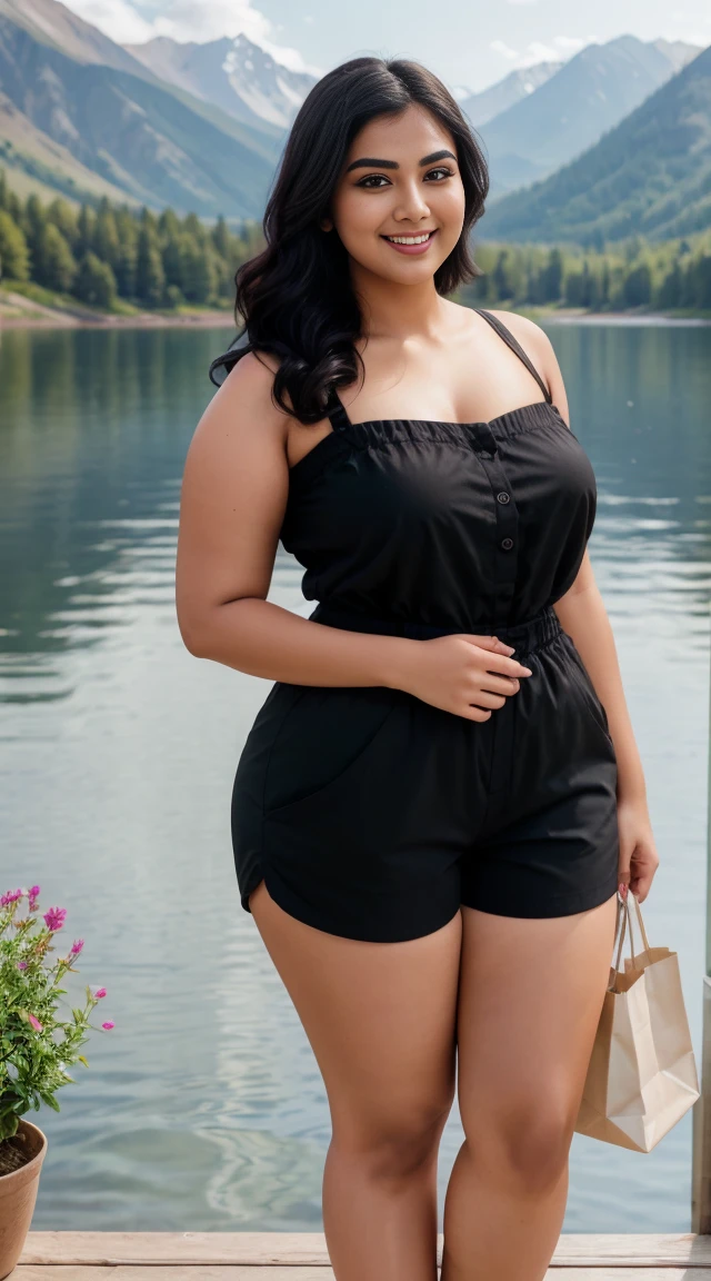 monami Indian beautiful actress curvy plus size hour glass bulky figure woman, closeup camera view, wearing SHEIN LUNE Plus Paperbag Waist Button Front Shorts SKU: sz2303079766916276 GBP£6.21 GBP£11.99 -48% Including VAT Color: Black, different style hairstyle, bright eyes, thin eyebrows, fair skin, blushing cheeks, prefect head to toe view, full body view, Mountain Lake: A tranquil lake nestled in the mountains with clear water and scenic views. smile face, black hair, Indian face, perfect skin tone light, ultra realistic skin texture