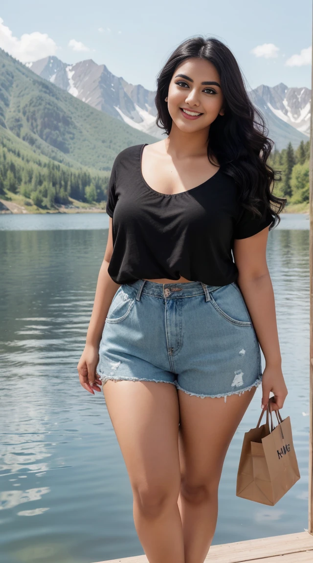 monami Indian beautiful actress curvy plus size hour glass bulky figure woman, closeup camera view, wearing SHEIN LUNE Plus Paperbag Waist Button Front Shorts SKU: sz2303079766916276 GBP£6.21 GBP£11.99 -48% Including VAT Color: Black, different style hairstyle, bright eyes, thin eyebrows, fair skin, blushing cheeks, prefect head to toe view, full body view, Mountain Lake: A tranquil lake nestled in the mountains with clear water and scenic views. smile face, black hair, Indian face, perfect skin tone light, ultra realistic skin texture