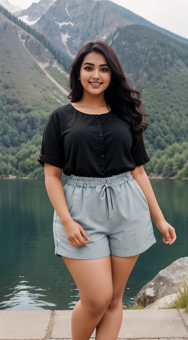 monami Indian beautiful actress curvy plus size hour glass bulky figure woman, closeup camera view, wearing SHEIN LUNE Plus Paperbag Waist Button Front Shorts SKU: sz2303079766916276 GBP£6.21 GBP£11.99 -48% Including VAT Color: Black, different style hairstyle, bright eyes, thin eyebrows, fair skin, blushing cheeks, prefect head to toe view, full body view, Mountain Lake: A tranquil lake nestled in the mountains with clear water and scenic views. smile face, black hair, Indian face, perfect skin tone light, ultra realistic skin texture