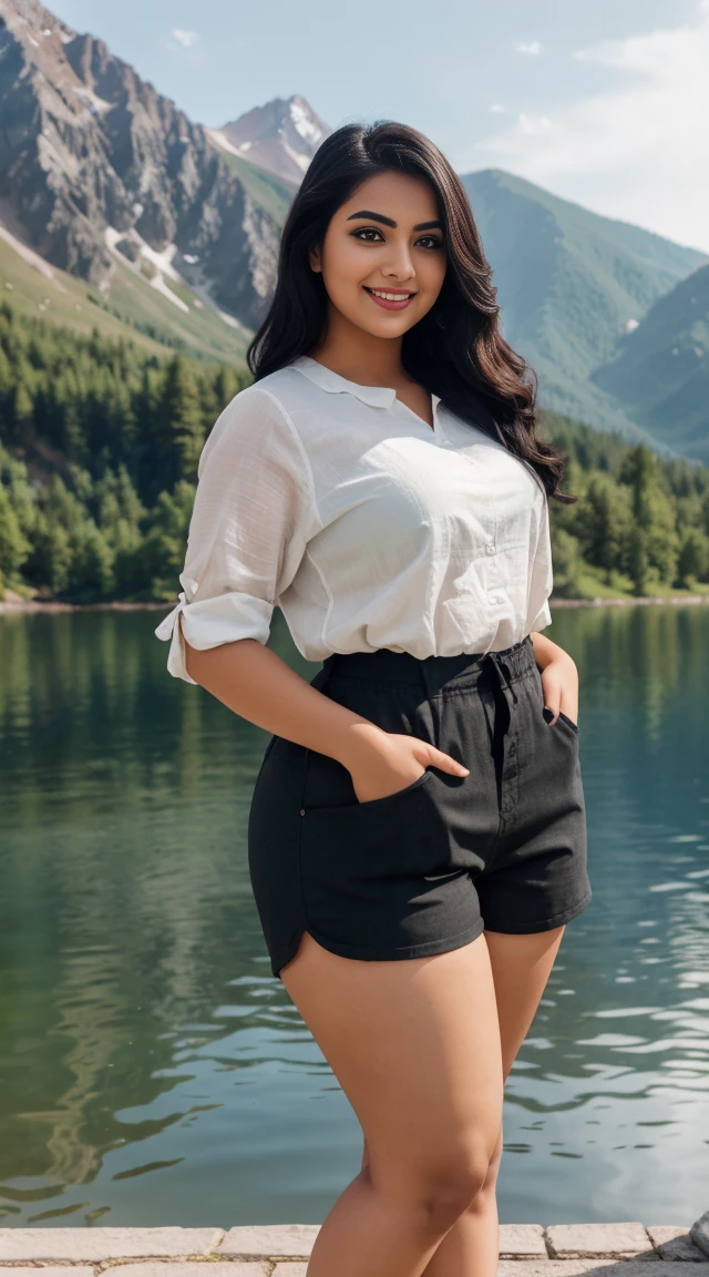 monami Indian beautiful actress curvy plus size hour glass bulky figure woman, closeup camera view, wearing SHEIN LUNE Plus Paperbag Waist Button Front Shorts SKU: sz2303079766916276 GBP£6.21 GBP£11.99 -48% Including VAT Color: Black, different style hairstyle, bright eyes, thin eyebrows, fair skin, blushing cheeks, prefect head to toe view, full body view, Mountain Lake: A tranquil lake nestled in the mountains with clear water and scenic views. smile face, black hair, Indian face, perfect skin tone light, ultra realistic skin texture