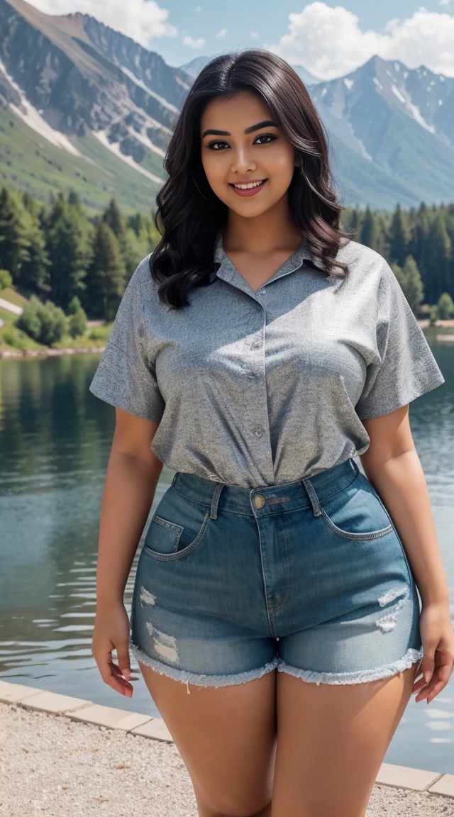 monami Indian beautiful actress curvy plus size hour glass bulky figure woman, closeup camera view, wearing SHEIN LUNE Plus Paperbag Waist Button Front Shorts SKU: sz2303079766916276 GBP£6.21 GBP£11.99 -48% Including VAT Color: Black, different style hairstyle, bright eyes, thin eyebrows, fair skin, blushing cheeks, prefect head to toe view, full body view, Mountain Lake: A tranquil lake nestled in the mountains with clear water and scenic views. smile face, black hair, Indian face, perfect skin tone light, ultra realistic skin texture