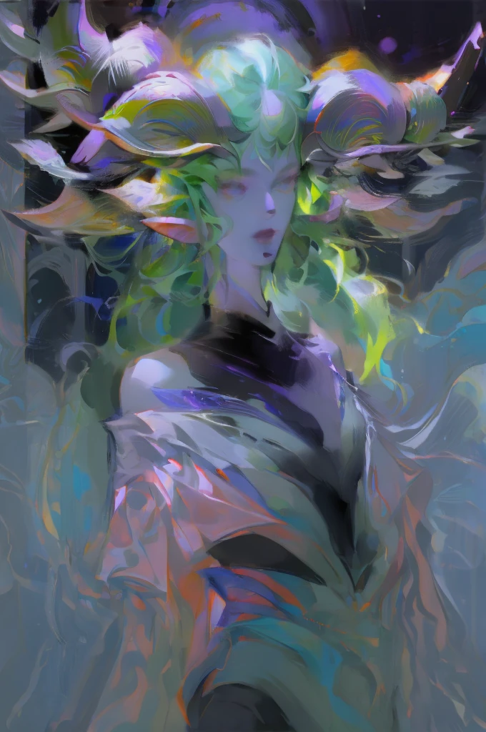 masterpiece, Green hair standing in the room、Girl with green hat, Ink Art, Style Art, Elf Girl, murata and artgerm series, very warm, Weiwei, Art style, League of Legends style, Ruan Jia and Artgerm, Art Jem Style, Designed by nty, A woman is, 8K, hyper HD, Albino demon girl standing, shot from far away, ( Green curls:1.3) , pink rose bush, Pink turtleneck sweater with tulle skirt, winking ,(long and complex horns:1.2), white backgrounid, multicolored clothing, Complicated details