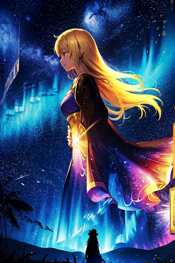 anime、Vibrant colors、beautiful girl、17 years old、Blonde、Long Hair、Large Breasts、Bright eyes、Sparkling eyes、A cheerful smile、Gazing into the distance、profile、dancing、Clear water flows like a waterfall、Fantastic World、night、Starry Sky、Beautiful dress
