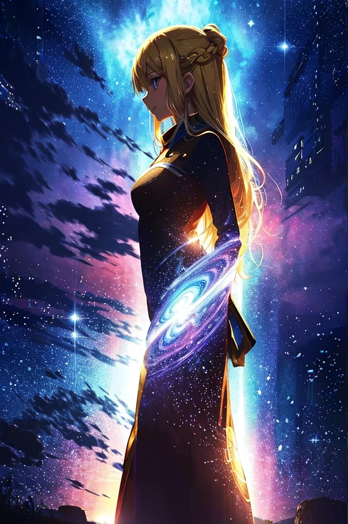 anime、Vibrant colors、beautiful girl、17 years old、Blonde、Long Hair、Large Breasts、Bright eyes、Sparkling eyes、A cheerful smile、Gazing into the distance、profile、dancing、Clear water flows like a waterfall、Fantastic World、night、Starry Sky、Beautiful dress