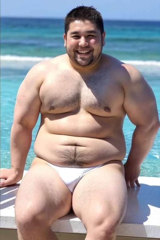 ((highest quality)), ((masterpiece)), (detailed), Perfect Face、Shaved head、Young Japanese、Muscular、Fat body、Big guy、smile、white small swimsuit、Emphasize the chest、Thick legs、Thick arms