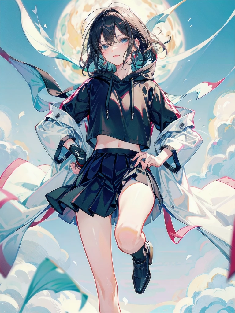 crop top, hoodie, mini skirt, absurdres, RAW photo, extremely delicate and beautiful, masterpiece, Best Quality, ultra high resolution, 32k, hyperrealistic, ultra-detailed, detailed description, pale skin, 20 years old, tearful mole, earring, short medium hair, wavy hair, full body shot,