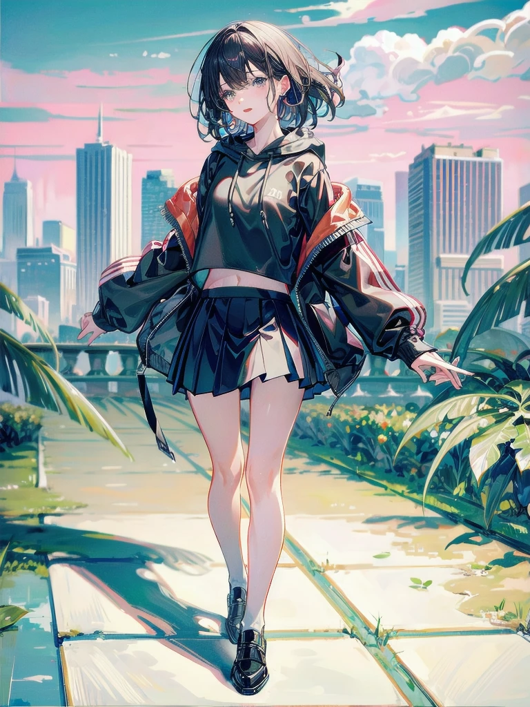 crop top, hoodie, mini skirt, absurdres, RAW photo, extremely delicate and beautiful, masterpiece, Best Quality, ultra high resolution, 32k, hyperrealistic, ultra-detailed, detailed description, pale skin, 20 years old, tearful mole, earring, short medium hair, wavy hair, full body shot,