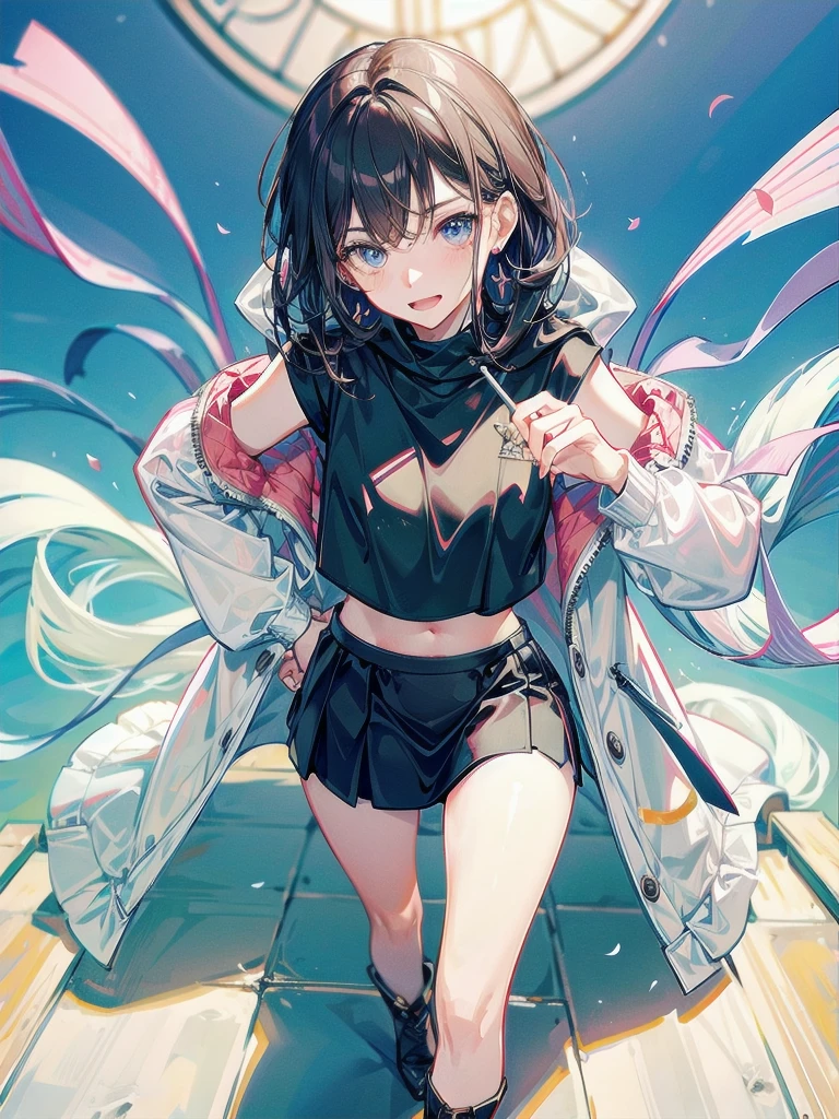 crop top, hoodie, mini skirt, absurdres, RAW photo, extremely delicate and beautiful, masterpiece, Best Quality, ultra high resolution, 32k, hyperrealistic, ultra-detailed, detailed description, pale skin, 20 years old, tearful mole, earring, short medium hair, wavy hair, full body shot,