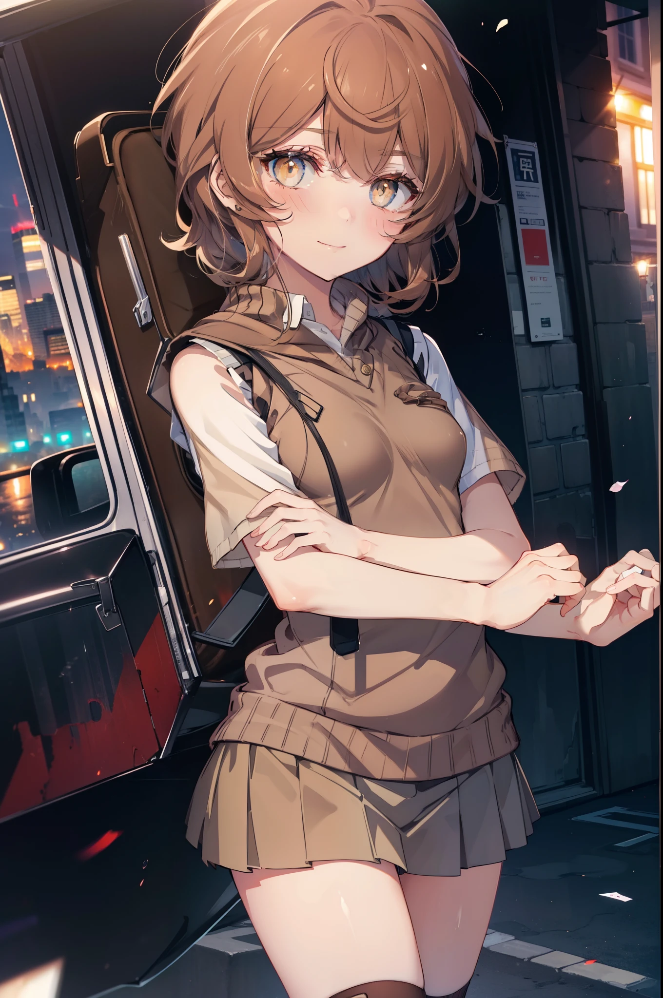 Liliru Card, Liliruca gets burned,  (Brown eyes:1.7),height: 140cm, Brown Hair, (Small breasts:1.2),blush,smile, short hair, uniform,  Y-shirt,Sweater vest, (brown Sweater vest:1.5),Short sleeve white shirt, Collared shirt, skirt,black  pleated skirt,Black knee socks,Brown Loafers,On the way home from school,evening,夕陽
break looking at viewer,
break outdoors, city,Building Street,
break (masterpiece:1.2), highest quality, High resolution, unity 8k wallpaper, (shape:0.8), (Fine and beautiful eyes:1.6), Highly detailed face, Perfect lighting, Highly detailed CG, (Perfect hands, Perfect Anatomy),