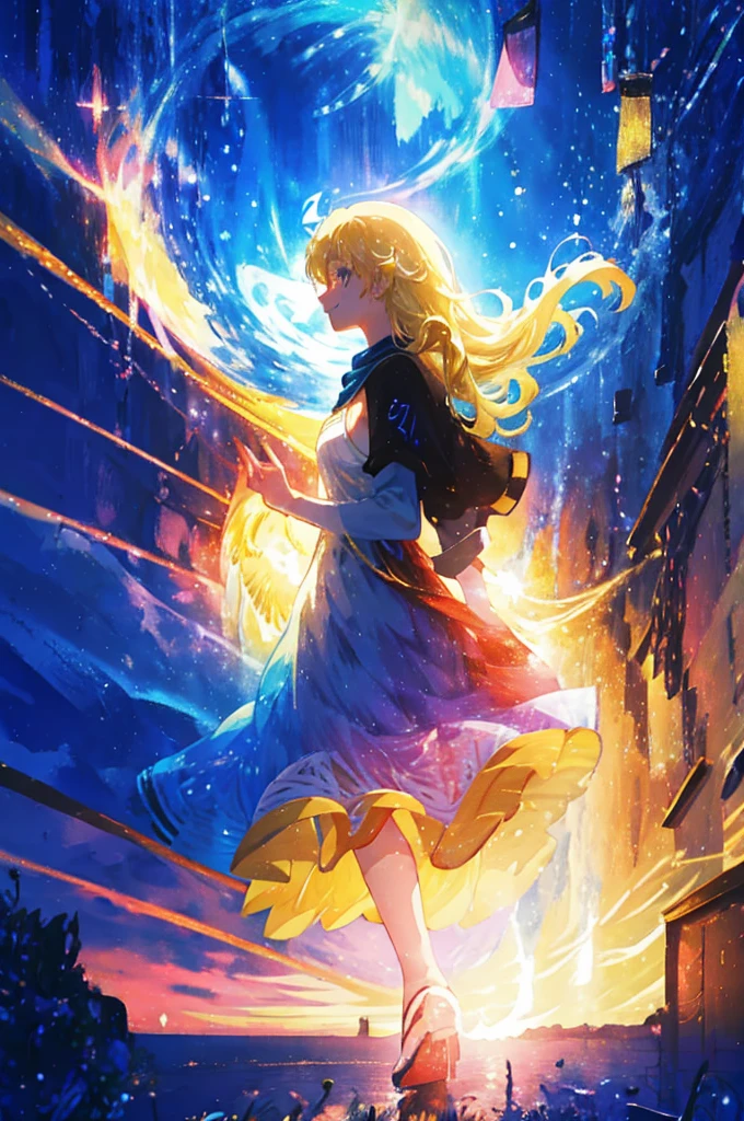 anime、Vibrant colors、beautiful girl、、Blonde、Long Hair、Large Breasts、Bright eyes、Sparkling eyes、A cheerful smile、Gazing into the distance、profile、dancing、Clear water flows like a waterfall、Fantastic World、night、Starry Sky、Beautiful dress