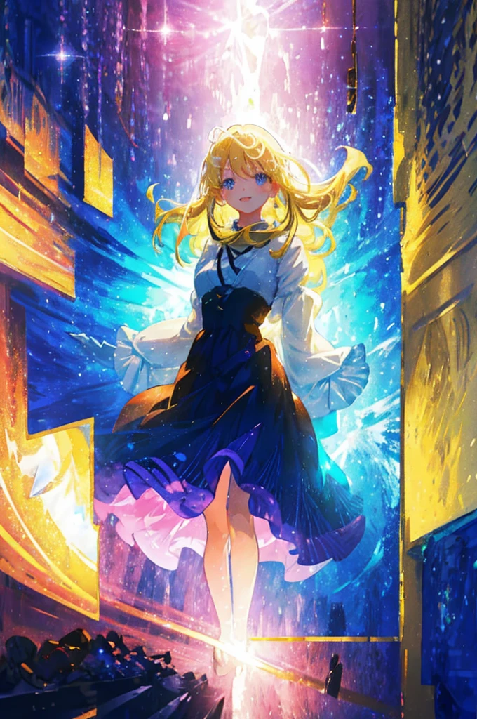 anime、Vibrant colors、beautiful girl、17 years old、Blonde、Long Hair、Large Breasts、Bright eyes、Sparkling eyes、A cheerful smile、Gazing into the distance、profile、dancing、Clear water flows like a waterfall、Fantastic World、night、Starry Sky、Beautiful dress