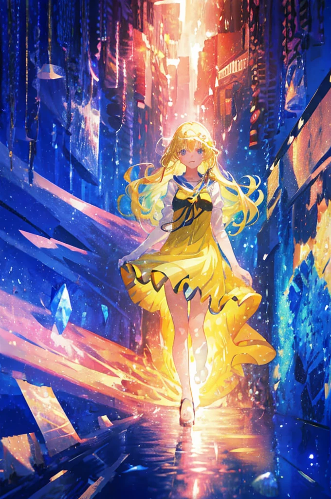 anime、Vibrant colors、beautiful girl、17 years old、Blonde、Long Hair、Large Breasts、Bright eyes、Sparkling eyes、A cheerful smile、Gazing into the distance、profile、dancing、Clear water flows like a waterfall、Fantastic World、night、Starry Sky、Beautiful dress