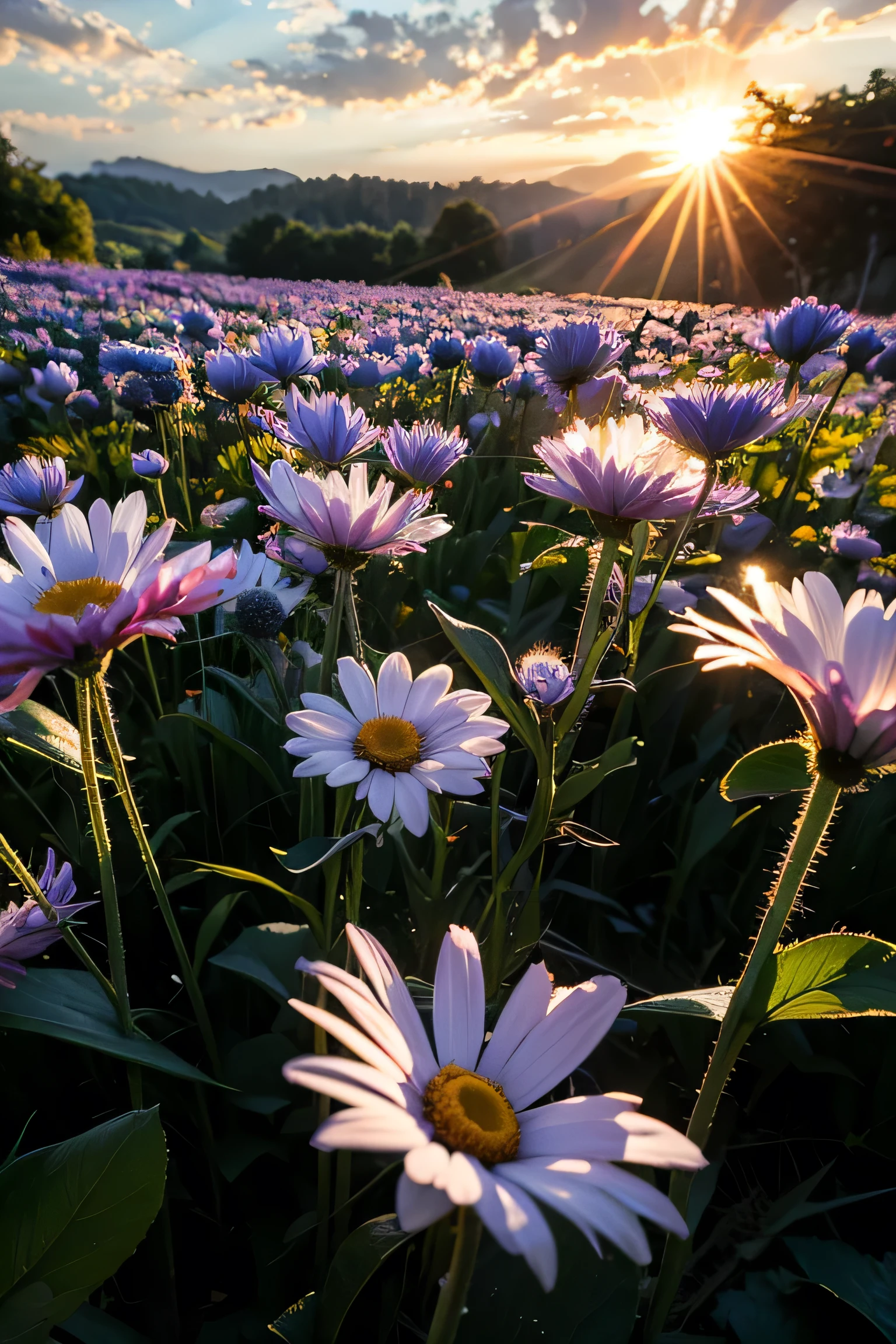 Blue daisies in bloom in a valley, sunlight, clouds, sky, delicate petals, full view of the flower.