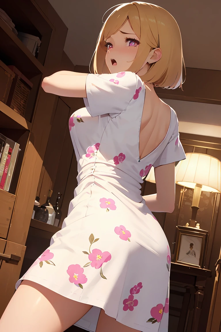 masterpiece, absurdres, best quality, ultra detailed, high Resolution, detailed illustration, bright colour, (extremely beautiful detailed face and eyes, Delicate beautiful face, 1 girl, cute face:1.3), (magenta eyes:1.1), sparkling eyes, big eyes, medium breasts, (perky breasts:1.1), (pointy breasts:1.1), medium hips, glamorous body, white skin, BREAK, long bob cut, (blonde hair:0.8), messy hair, detailed hair, shiny hair, BREAK (mini casual dress with floral print, down blouse:1.5), perfect lighting, (embarrassed:1.5), (ecstasy, vulgarity:1.5), (trembling:0.8), (Looking up from behind:1.5),
