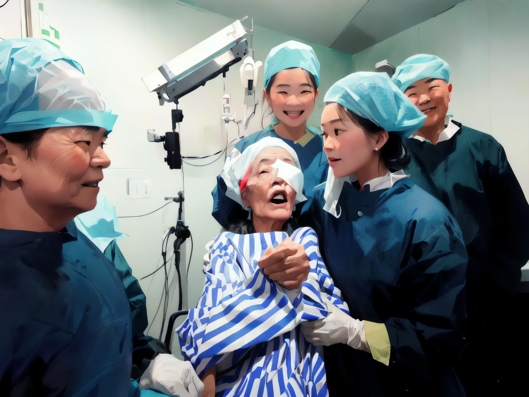 In the hospital,Several people in surgical gowns surrounded a woman, Real shot, mu pan, An old man, Heartwarming, wu liu, , Beijing, Look straight ahead, Surgery, Many years have passed, Eye, An ancient, lifelike的镜头, lifelike, a long shot, Dramatic shots, Very, very precise, amazing shot, Award-winning shots