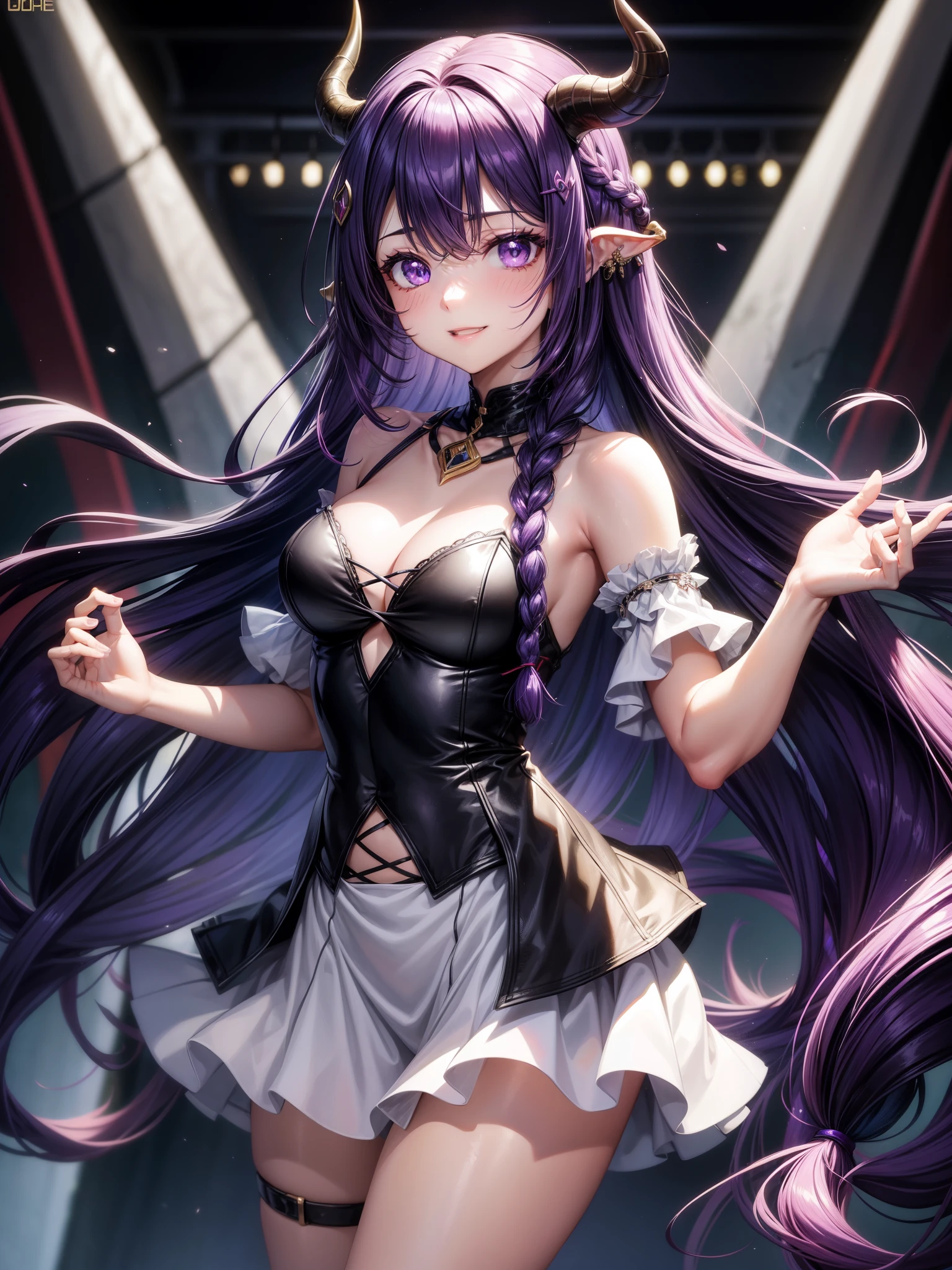 core_9、score_8_up、score_7_up、source_anime BREAK 1 girl、solo、Looking at the audience、I grin. (Purple Eyes:1.1)。Multicolored Hair、Black Hair。Purple Hair。Hair between the eyes。複数のBraid、Braid。 (Very long hair:1.3)。 (Side Lock:1.1)、bangs、Purple Jewel。jewelry。Shining Eyes。Caucasian skin。Royal hairstyle。Perfect Eyes。Devil horns、Black long horn、(Devil&#39;s Wings:1.1)、Pointy Ears、(Devil&#39;s Tail:1.1)、gem、Earrings、Thick thighs、Big Breasts、Walk towards the gaze、Outdoor、Starry Sky、middle ages、night、moon、moon明かり、、BREAK ARMOR、breastplate、Scapula、Black gloves、Armored Pants、Holding Sword、Full Armor