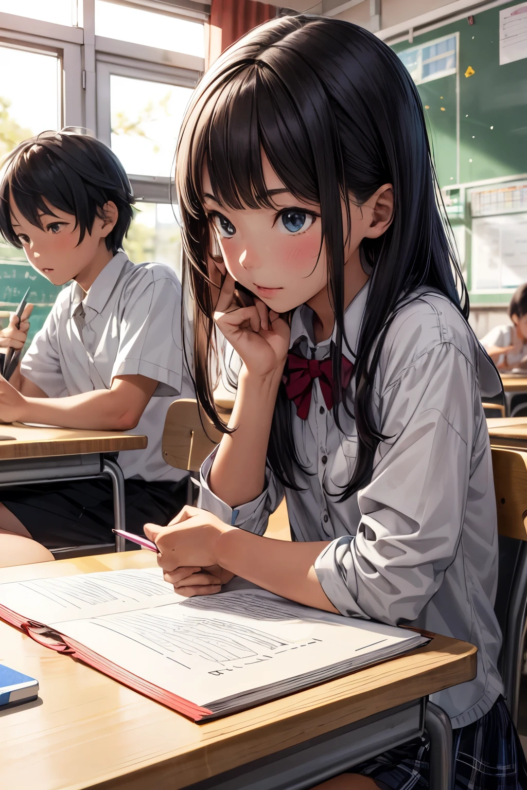 Elementary school student studying with friends