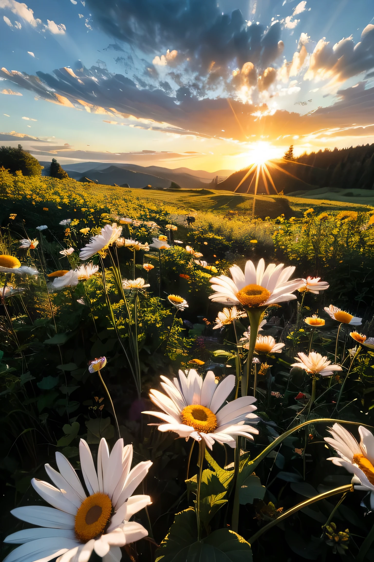 Blue daisies in bloom in a valley, sunlight, clouds, sky, delicate petals, full view of the flower.