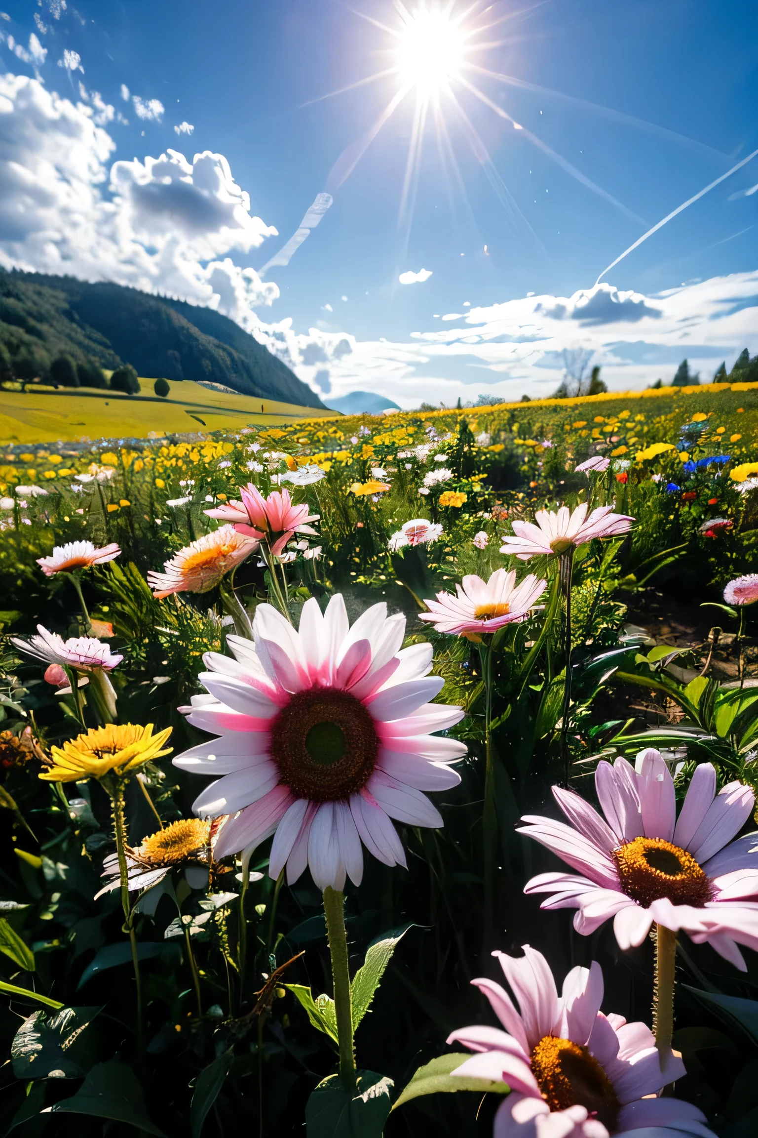 Blue daisies in bloom in a valley, sunlight, clouds, sky, delicate petals, full view of the flower.