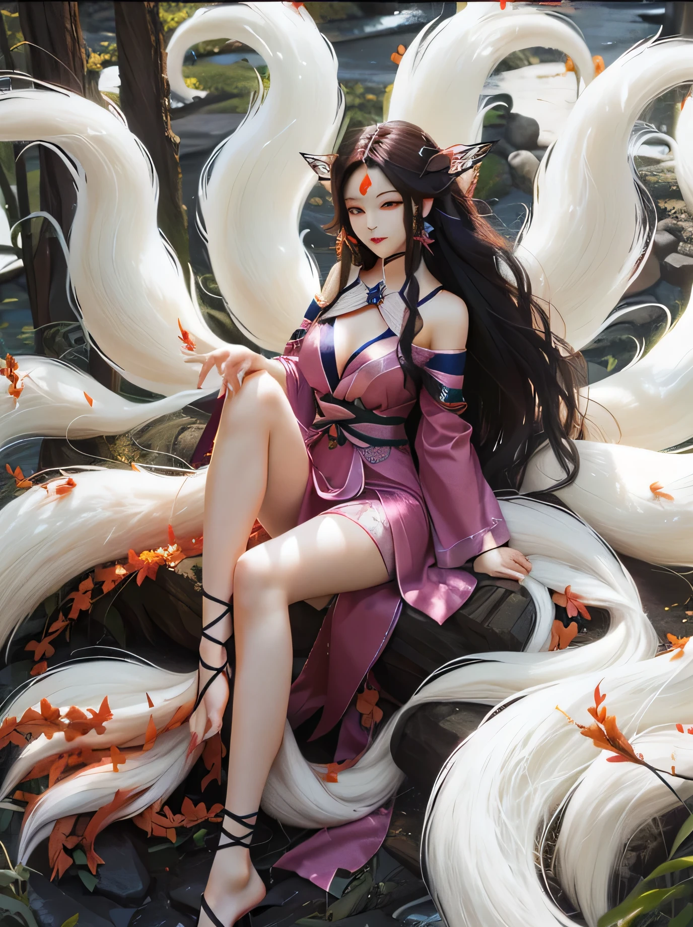 Nine-tailed fox fairy,Delicate facial features,fit,Nine tails flowing