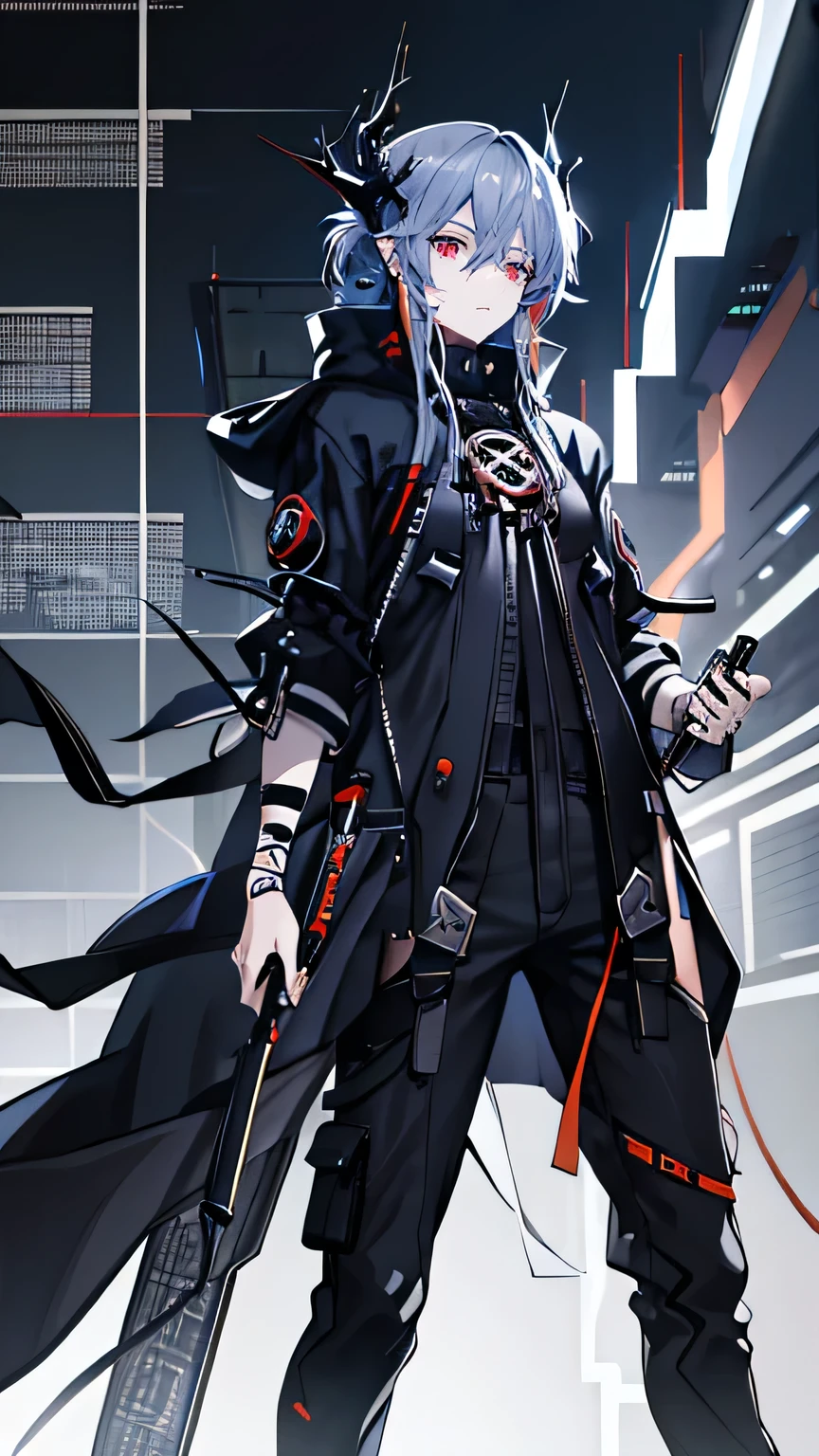 Blue-gray hair，pupil，Japanese devil corner，Low Ponytail，Cyberpunk style black hooded coat，Overalls，bandage underwear，Thick sneaker mechanical top line，Orange lines，Technology