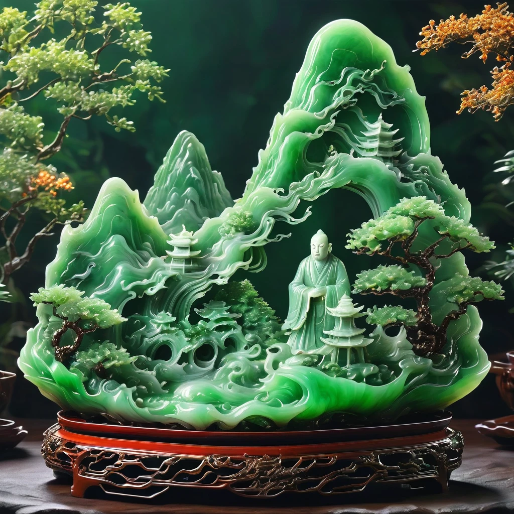 best quality, very good, 16K, ridiculous, Extremely detailed, Gorgeous mountain，Monk，Made of translucent jadeite, Background grassland（（A masterpiece full of fantasy elements）））， （（best quality））， （（Intricate details））（8k）