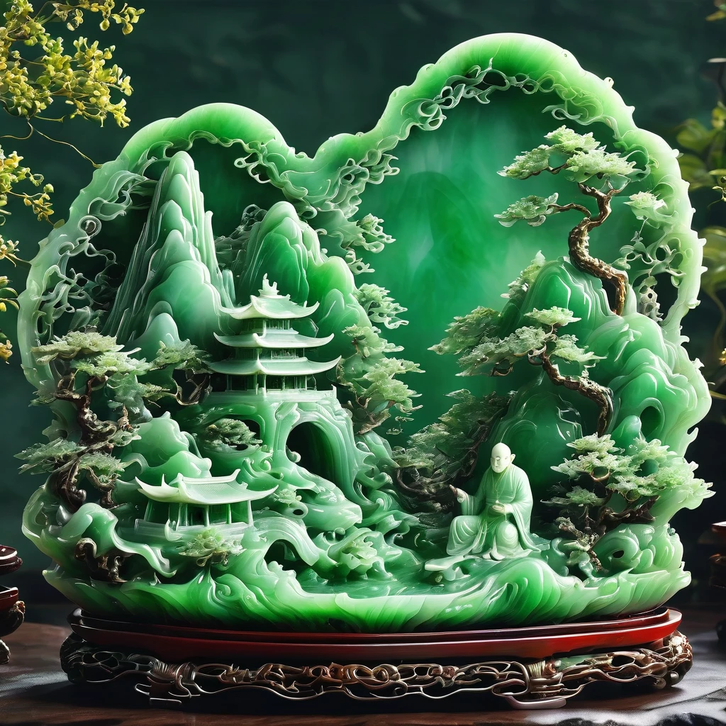 best quality, very good, 16K, ridiculous, Extremely detailed, Gorgeous mountain，Monk，Made of translucent jadeite, Background grassland（（A masterpiece full of fantasy elements）））， （（best quality））， （（Intricate details））（8k）