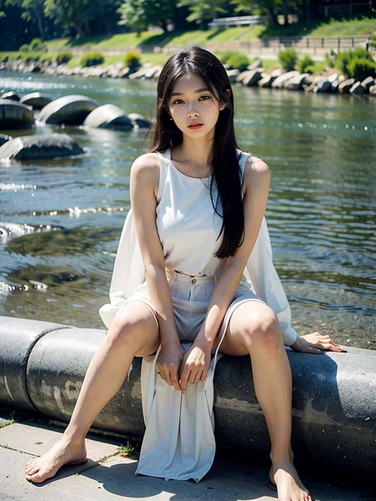Close-up of a woman with long hair standing by the river, Gorgeous young Korean woman, she is wearing a black tank top, ulzzangs, beautiful Korean women, xintong chen, gorgeous chinese models, Beautiful young Korean woman, Asian girl with long hair, full-body xianxia, korean women's fashion model, white hime cut hairstyle