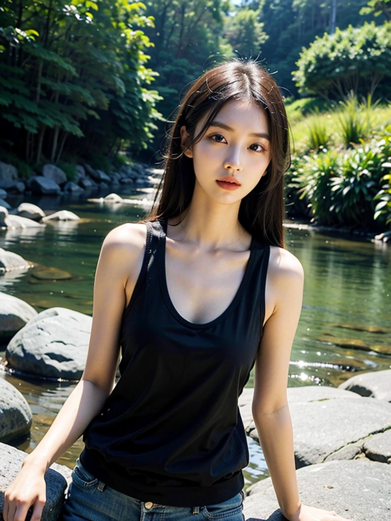 Close-up of a woman with long hair standing by the river, Gorgeous young Korean woman, she is wearing a black tank top, ulzzangs, beautiful Korean women, xintong chen, gorgeous chinese models, Beautiful young Korean woman, Asian girl with long hair, full-body xianxia, korean women's fashion model, white hime cut hairstyle