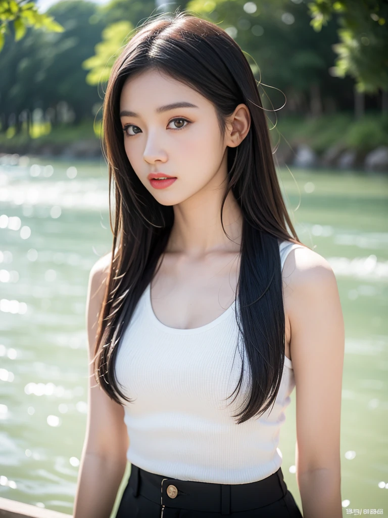 Close-up of a woman with long hair standing by the river, Gorgeous young Korean woman, she is wearing a black tank top, ulzzangs, beautiful Korean women, xintong chen, gorgeous chinese models, Beautiful young Korean woman, Asian girl with long hair, full-body xianxia, korean women's fashion model, white hime cut hairstyle