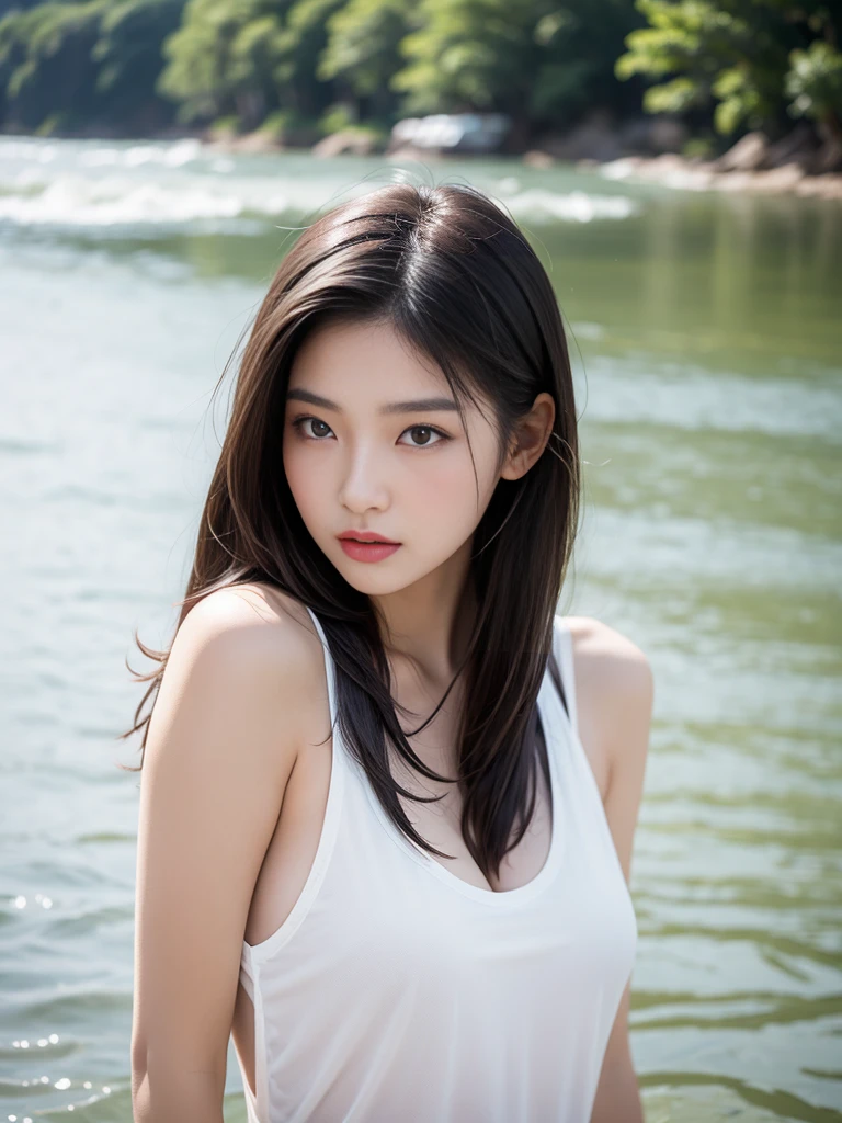 Close-up of a woman with long hair standing by the river, Gorgeous young Korean woman, she is wearing a black tank top, ulzzangs, beautiful Korean women, xintong chen, gorgeous chinese models, Beautiful young Korean woman, Asian girl with long hair, full-body xianxia, korean women's fashion model, white hime cut hairstyle