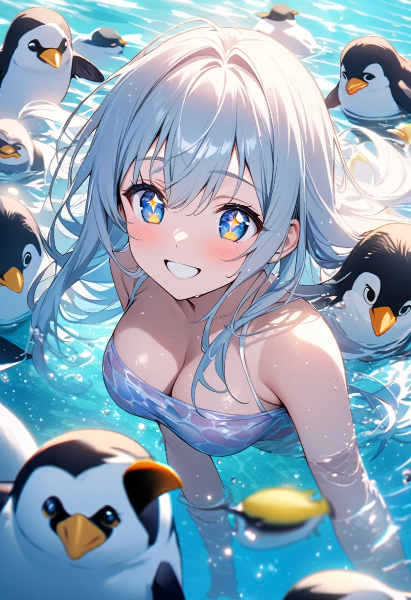 anime、Vibrant colors、In the water、Uplifting、A beautiful woman swimming in the ocean at 100km per hour、20 years old、Long Hair、Calm、Bright eyes、Sparkling eyes、Large Breasts、An innocent smile、10 cute penguins、100 vibrant tropical fish、1000 glittering particles