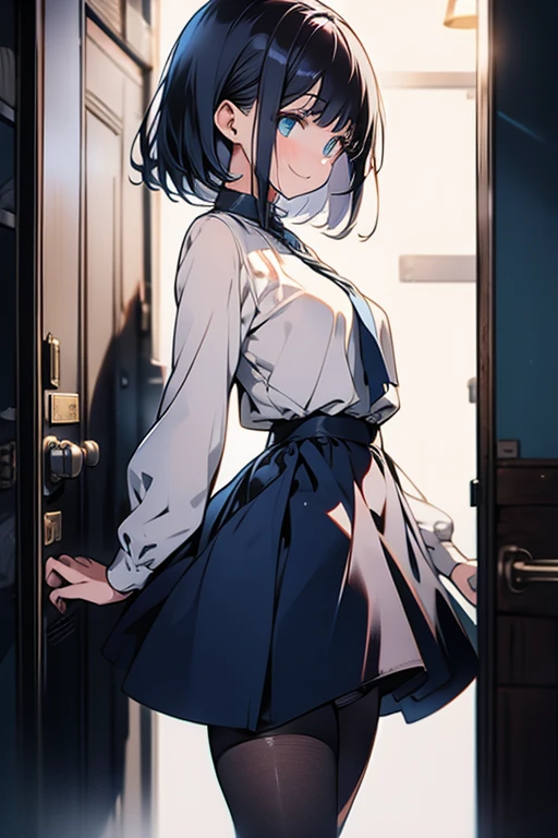 highest quality, 8K,(one girl:1.3),(sharp bob),Navy Hair,light Blue Eyes,seductive smile,Black Pantyhose, Blue short skirt,White blouse,Almond-shaped eyes,close mouth,Fancy Room,make out,fidgety,from side,(tall stature:1.1),shy,