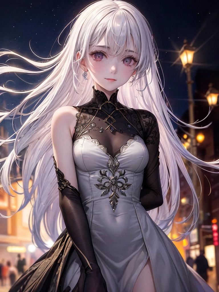 masterpiece, highest quality,One Girl,Transparent body,Clear Skin,The outline glows faintly,Silver Eyes,Smiling sadly,(Reaching out),Disheveled Hair,Street lamp,((mysterious pale light)),((Night Park)), Evokes a sense of serene serenity and elusive beauty,Imaginative,Non-expressive,Bokeh