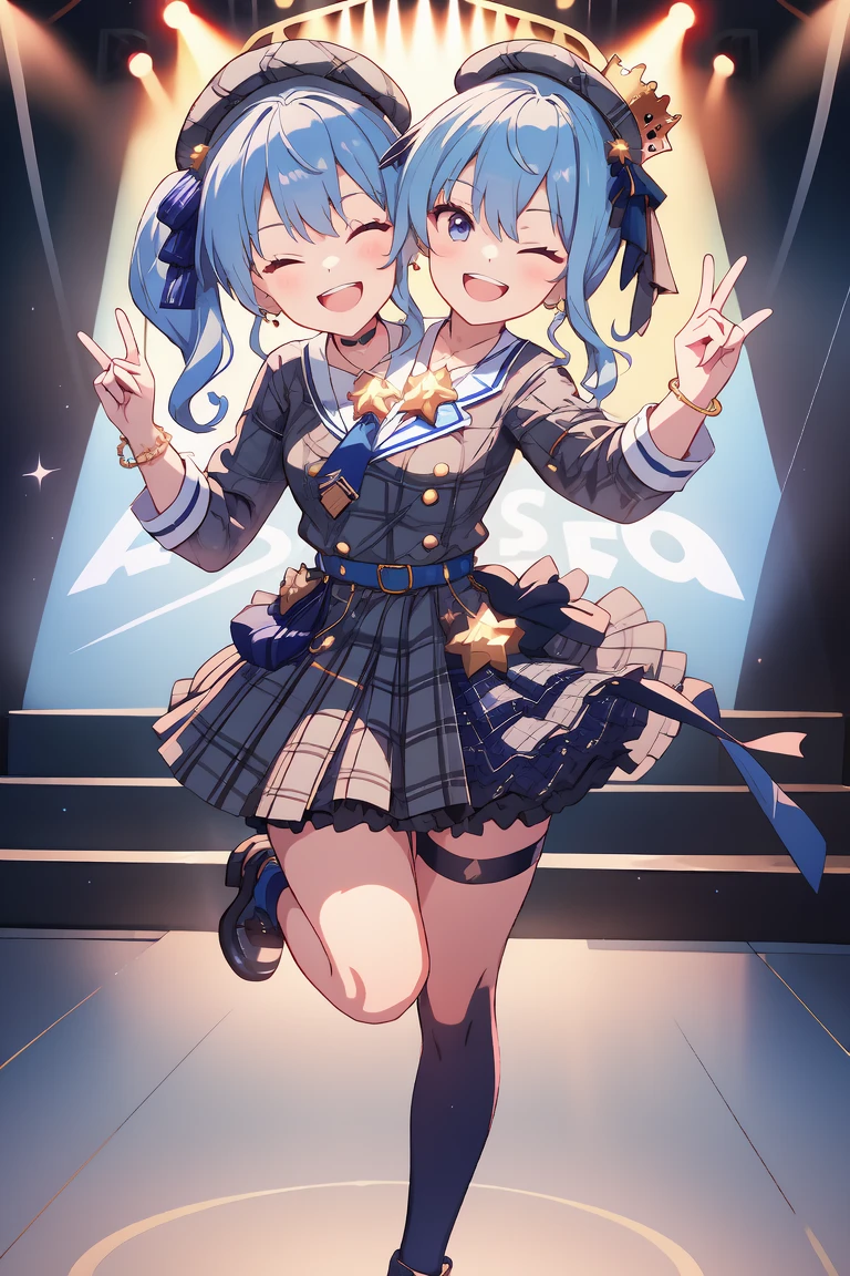 (masterpiece, best quality), best resolution, 16k, (2heads:1.5), full-body, 1girl, solo, (raise arms, two hands make peace sign, hands above shoulders), HoshimachiSuisei, side ponytail, blue hair ribbon, SuiseiBase, plaid beret, crown, blue star choker, star earrings, blue ascot, plaid jacket, plaid skirt, layered skirt, partially fingerless gloves, star bracelet, uneven legwear, thigh strap, standing, (smile, close-mouth, teeth), one eye closed, dancing, jumping, look at viewer, ((cheek-to-cheek)), exciting, concert stage, starfield, spotlight