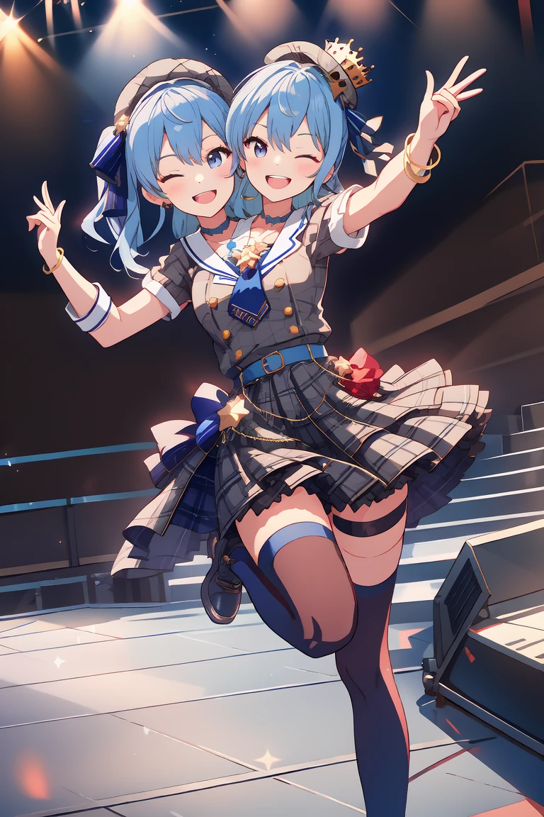 (masterpiece, best quality), best resolution, 16k, (2heads:1.5), full-body, 1girl, solo, (raise arms, two hands make peace sign, hands above shoulders), HoshimachiSuisei, side ponytail, blue hair ribbon, SuiseiBase, plaid beret, crown, blue star choker, star earrings, blue ascot, plaid jacket, plaid skirt, layered skirt, partially fingerless gloves, star bracelet, uneven legwear, thigh strap, standing, (smile, close-mouth, teeth), one eye closed, dancing, jumping, look at viewer, ((cheek-to-cheek)), exciting, concert stage, starfield, spotlight