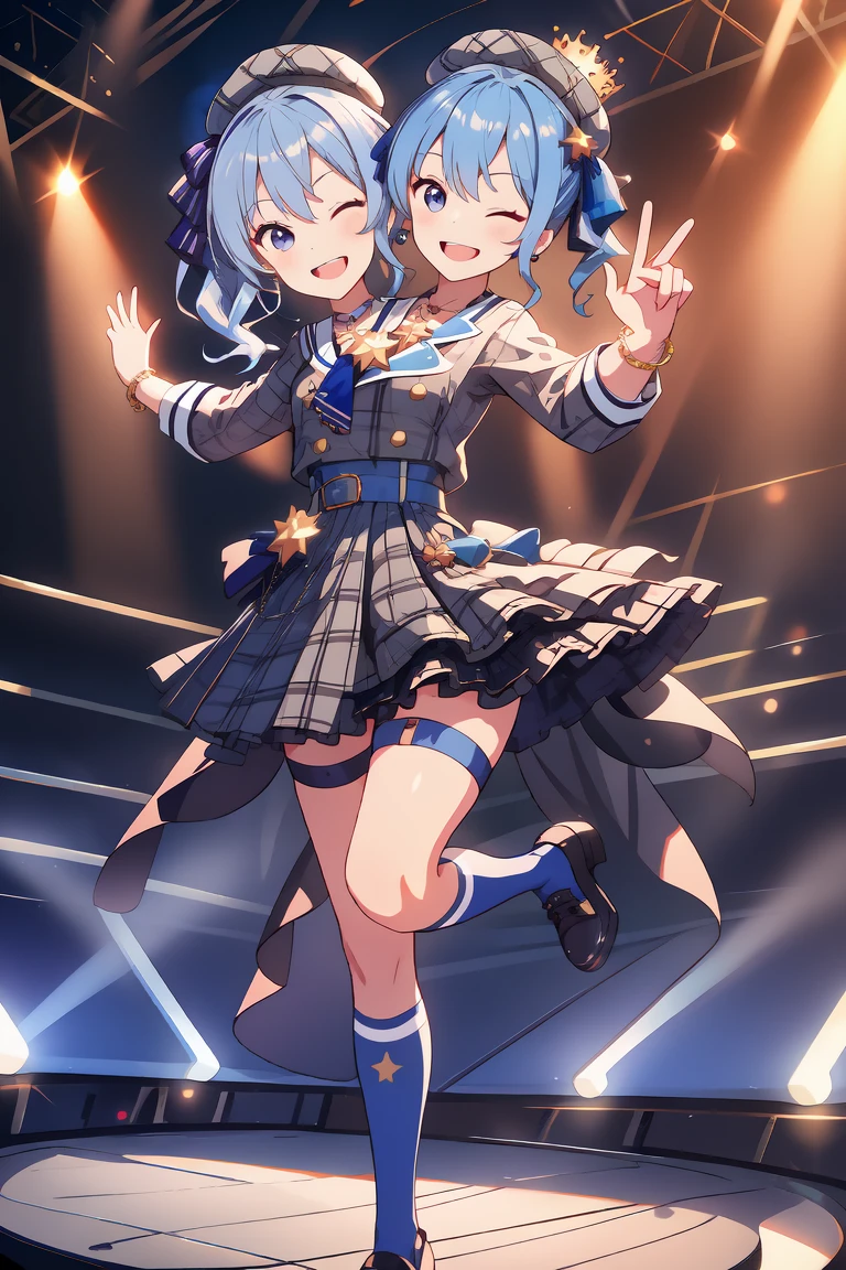 (masterpiece, best quality), best resolution, 16k, (2heads:1.5), full-body, 1girl, solo, (raise arms, two hands make peace sign, hands above shoulders), HoshimachiSuisei, side ponytail, blue hair ribbon, SuiseiBase, plaid beret, crown, blue star choker, star earrings, blue ascot, plaid jacket, plaid skirt, layered skirt, partially fingerless gloves, star bracelet, uneven legwear, thigh strap, standing, (smile, close-mouth, teeth), one eye closed, dancing, jumping, look at viewer, ((cheek-to-cheek)), exciting, concert stage, starfield, spotlight