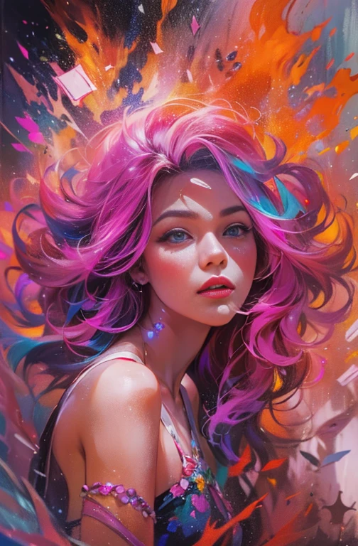 Painting of a woman in magenta and orange colors, Maureen O'Original, pretty much beautiful face, Ultra-detailed paintings inspired by Wow, ArtStation Trends, Fantasy art, intricate Wow, art of Wow, Wow art, Wow |, the style of Wow, Beautiful character drawings, Wow painting style, Wow | art germ, Unparalleled Beauty Tumbler, Figurative art, Intense watercolor, Watercolor detailed art, Watercolor splash, Surreal, Avant-garde pop art, Beautiful and expressive paintings, Beautiful artwork illustration, Very colorful tones, wonderful, Cool Beauty, masterpiece, highest quality, Official Art, women only, Sharp contours, Best Shot, Vector art, By Sandra Chevrier, Dave McKean、Richard Avedon、By Makiej Kusiala, Bright design