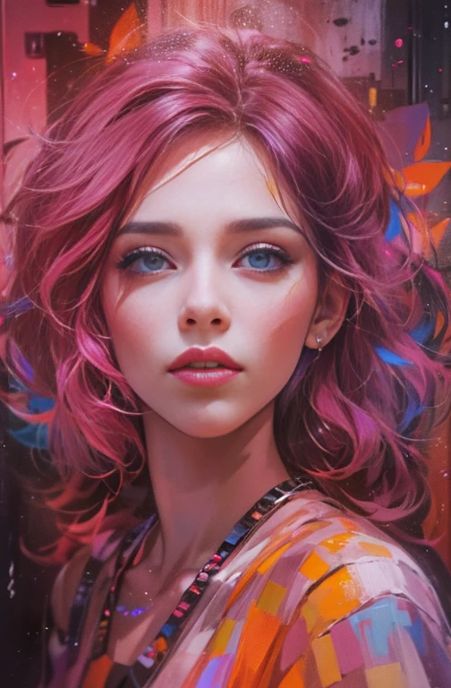 Painting of a woman in magenta and orange colors, Maureen O'Original, pretty much beautiful face, Ultra-detailed paintings inspired by Wow, ArtStation Trends, Fantasy art, intricate Wow, art of Wow, Wow art, Wow |, the style of Wow, Beautiful character drawings, Wow painting style, Wow | art germ, Unparalleled Beauty Tumbler, Figurative art, Intense watercolor, Watercolor detailed art, Watercolor splash, Surreal, Avant-garde pop art, Beautiful and expressive paintings, Beautiful artwork illustration, Very colorful tones, wonderful, Cool Beauty, masterpiece, highest quality, Official Art, women only, Sharp contours, Best Shot, Vector art, By Sandra Chevrier, Dave McKean、Richard Avedon、By Makiej Kusiala, Bright design