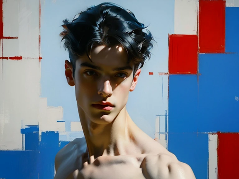 chiaroscuro technique on sensual illustration of an arafed man in white underwear, sexy masculine, diego fazio, male model, by Ludovit Fulla, model with attractive body, inspired by Ludovit Fulla, mid-shot of a hunky, the model draped in flowing, thick oil painting by Harumi Hironaka, extremely soft colors, vibrant, highly detailed, malcolm liepke painting, oil on canvas, high contrast, dramatic, refined, tonal, Create high contrast between light and shadow fire around, there is a red circle on a blue and red square, inspired by Bauhaus, in a shapes background, brown red blue, circle forms, red blue, by Leon Polk Smith, memphis abstract minimal art, graphic shapes, minimal art, blue and red, minimal art style, bauhaus art, inspired by El Lissitzky, bold simple shapes