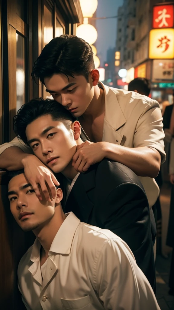 masterpiece, Best Quality, two men, handsome athletic well-dressed 30 year old japanese mafia gangster Man hugging a muscular 30 year old muscular taiwanese hawker man, directly staring at each other romantically, hands stroking face, gentle smile, soft hair, exposed chest, full body, telephoto, super sharp focus, photorealistic, perfect hands, perfect fingers, perfect face, perfection, creative artistic framing, creative artistic angle, hongkong in the 70s setting, cinematic lighting, sexy, gay, homoerotic, scene evokes beautiful emotions of immense love and nostalgia, nostalgic, vintage photography, intricate details, highly detailed, rule of thirds, golden ratio, fill frame