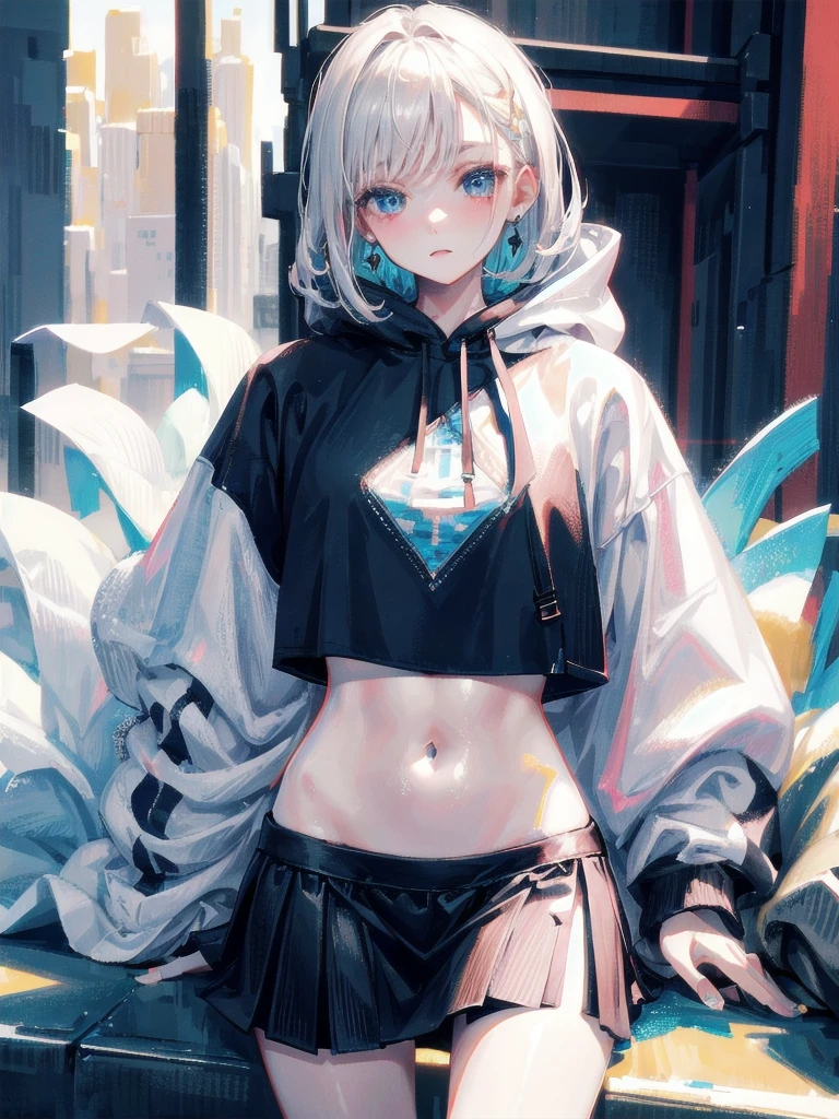 crop top, hoodie, mini skirt, absurdres, RAW photo, extremely delicate and beautiful, masterpiece, Best Quality, ultra high resolution, 32k, hyperrealistic, ultra-detailed, detailed description, pale skin, 20 years old, tearful mole, earring, short medium hair, wavy hair, full body shot,