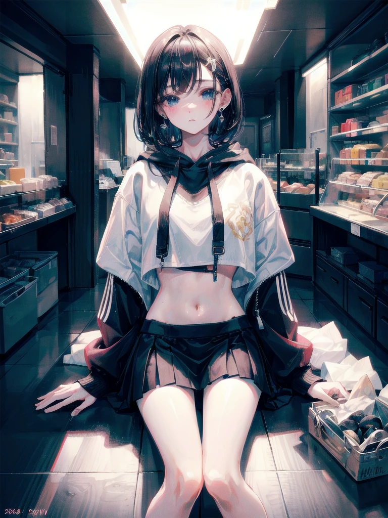 crop top, hoodie, mini skirt, absurdres, RAW photo, extremely delicate and beautiful, masterpiece, Best Quality, ultra high resolution, 32k, hyperrealistic, ultra-detailed, detailed description, pale skin, 20 years old, tearful mole, earring, short medium hair, wavy hair, full body shot,
